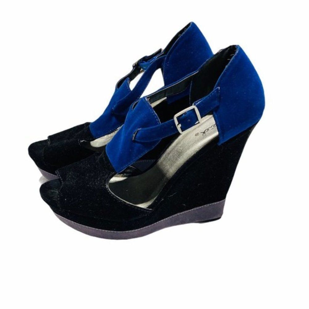 Qupid Velvet Colour Block Platform Wedge Sandals - image 1